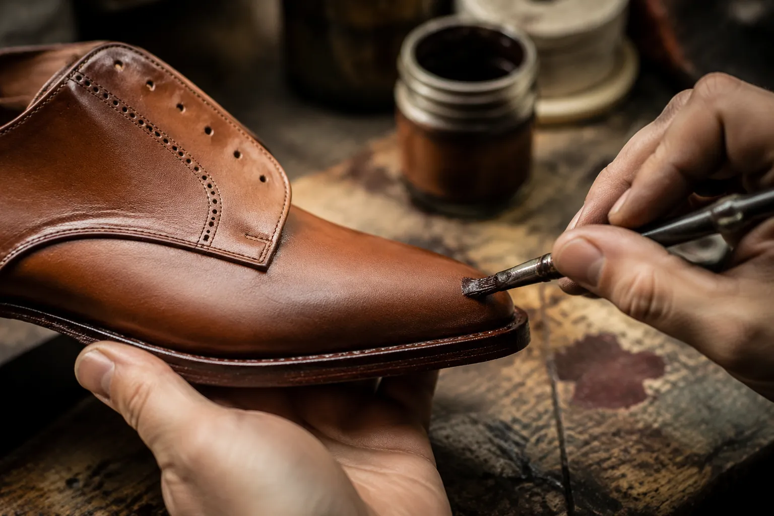 Refined shoe edge finishing used in an Italian-style leather shoe brief