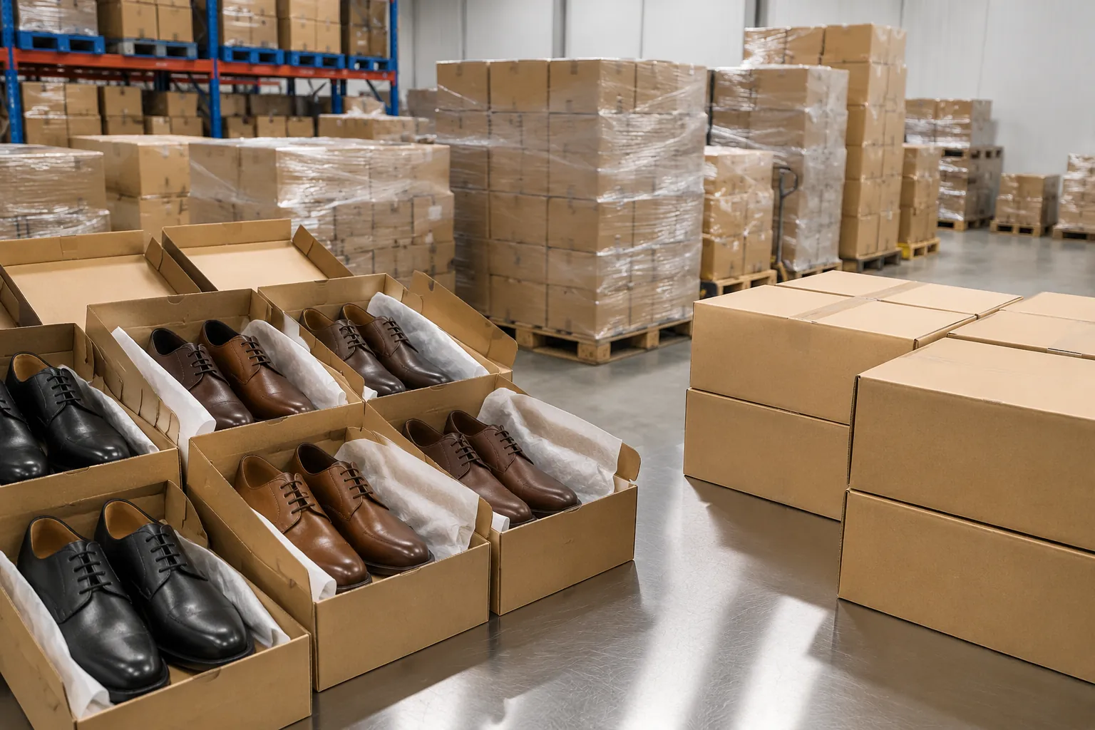 Private label leather shoes prepared with branded export packaging