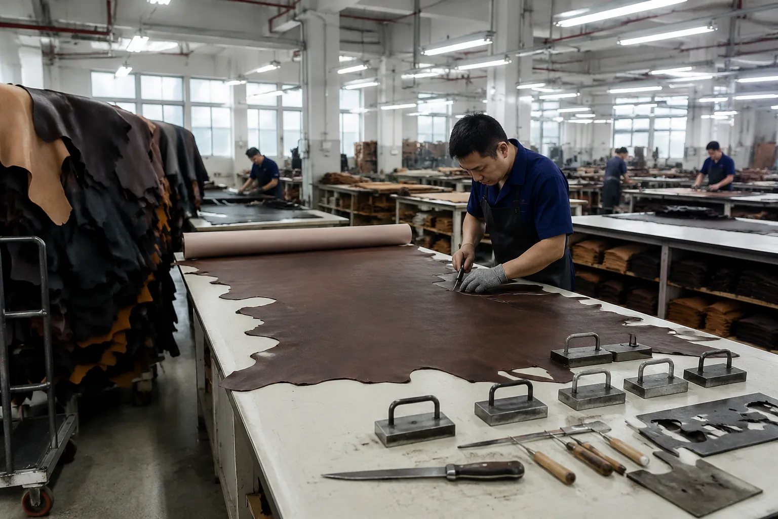 Leather cutting area inside a China shoes factory