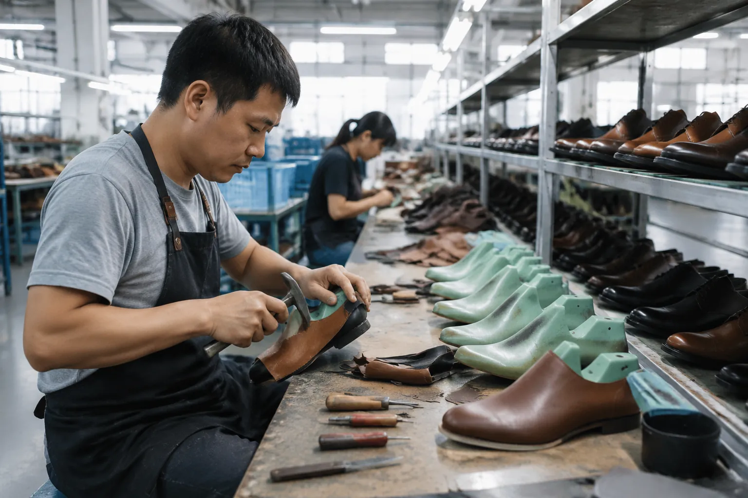 Leather shoe lasting stage in the manufacturing process
