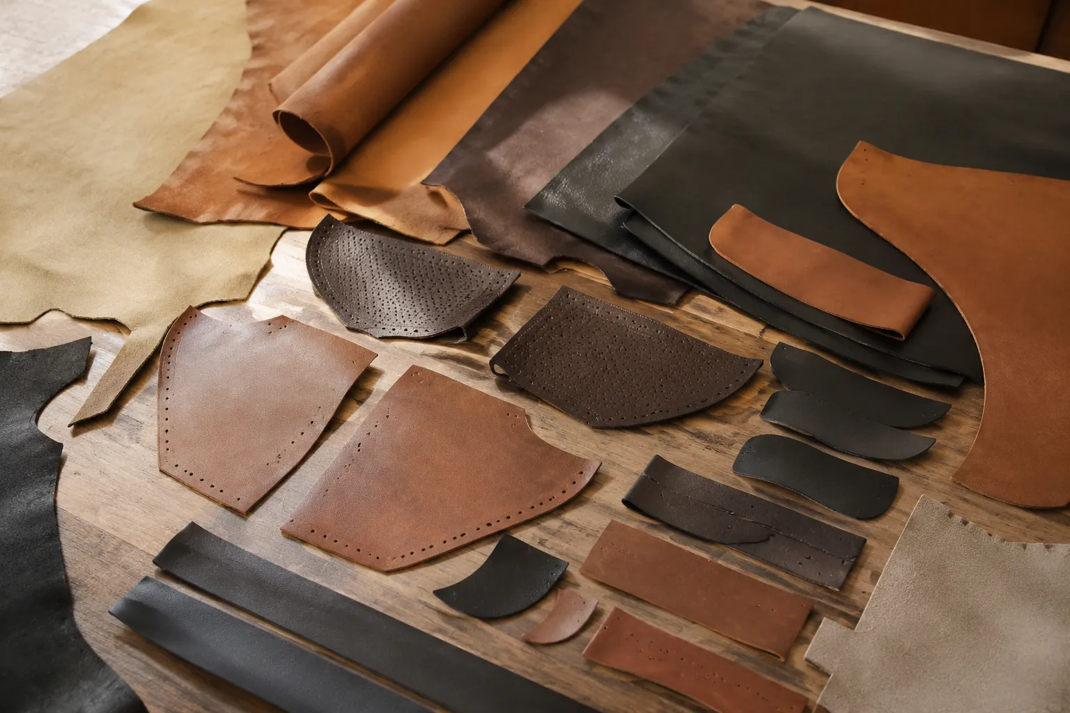 Leather and cushioning cut pieces used for shoe insole specifications