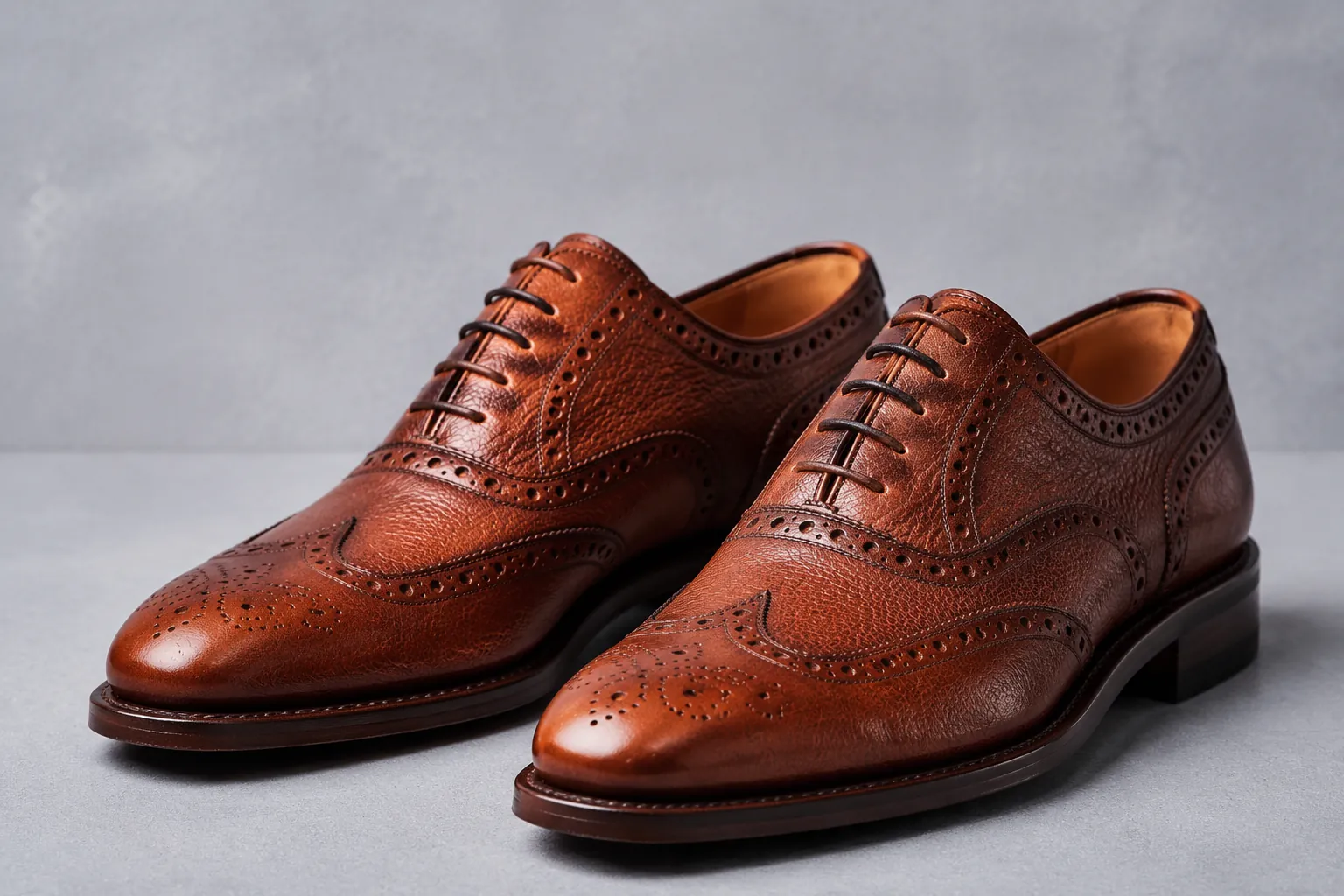 Rust leather brogue shoe used to inspect perforation alignment