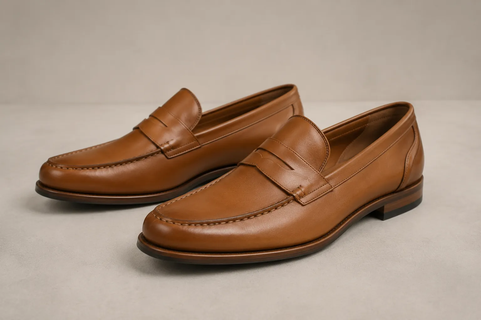 Tan penny loafer sample used for manufacturing development