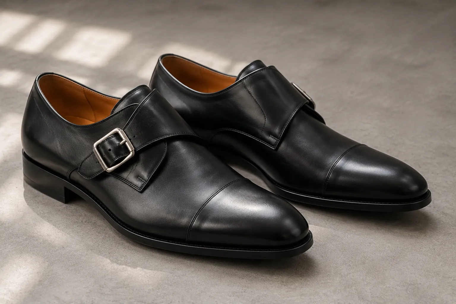 Black monk strap leather shoe used for buckle and fit development
