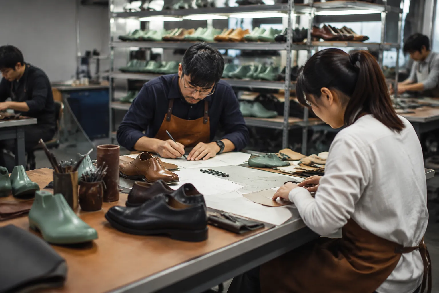 Shoemaker's OEM workbench with leather shoe components