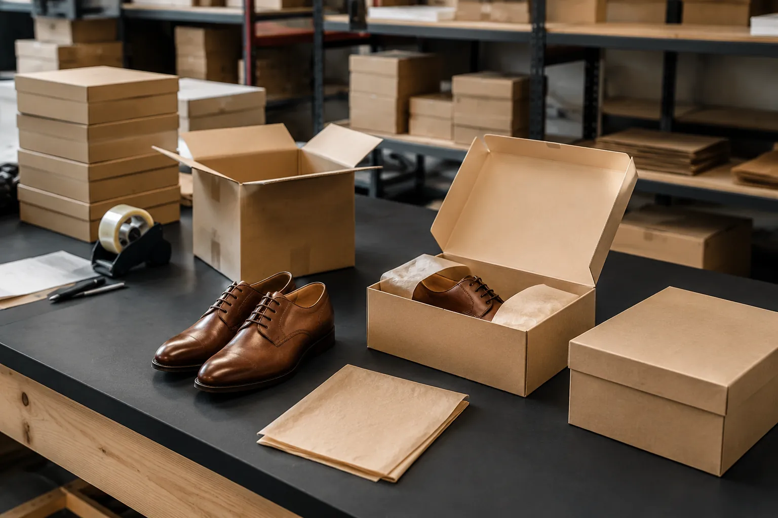 Packed leather shoe cartons used to plan a practical order quantity