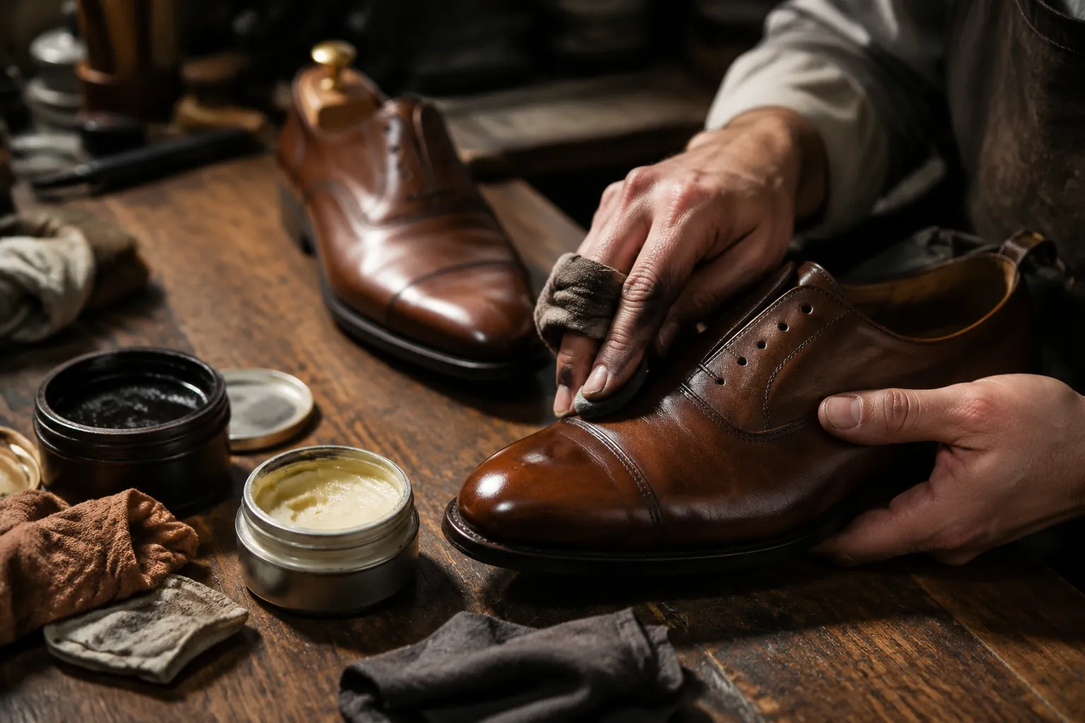 Hand finishing station for handmade leather footwear