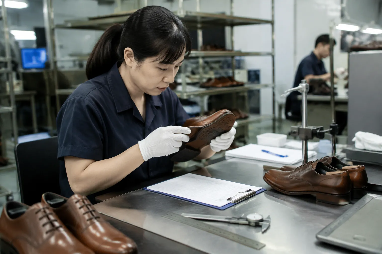 Quality control table during a leather shoe factory audit