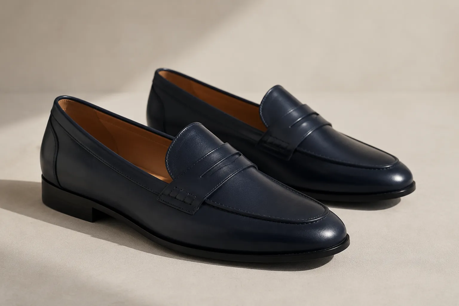 Navy loafer sample prepared for custom bit hardware development