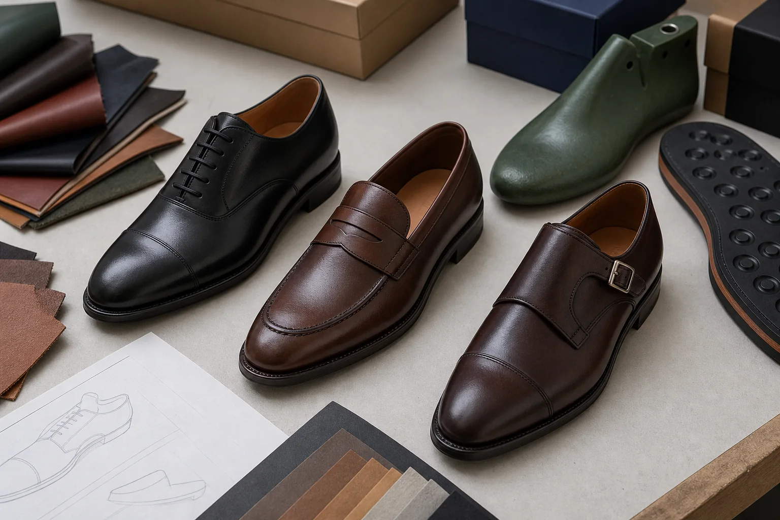 Leather Oxford, loafer, and monk strap samples arranged with material swatches and specification sheets