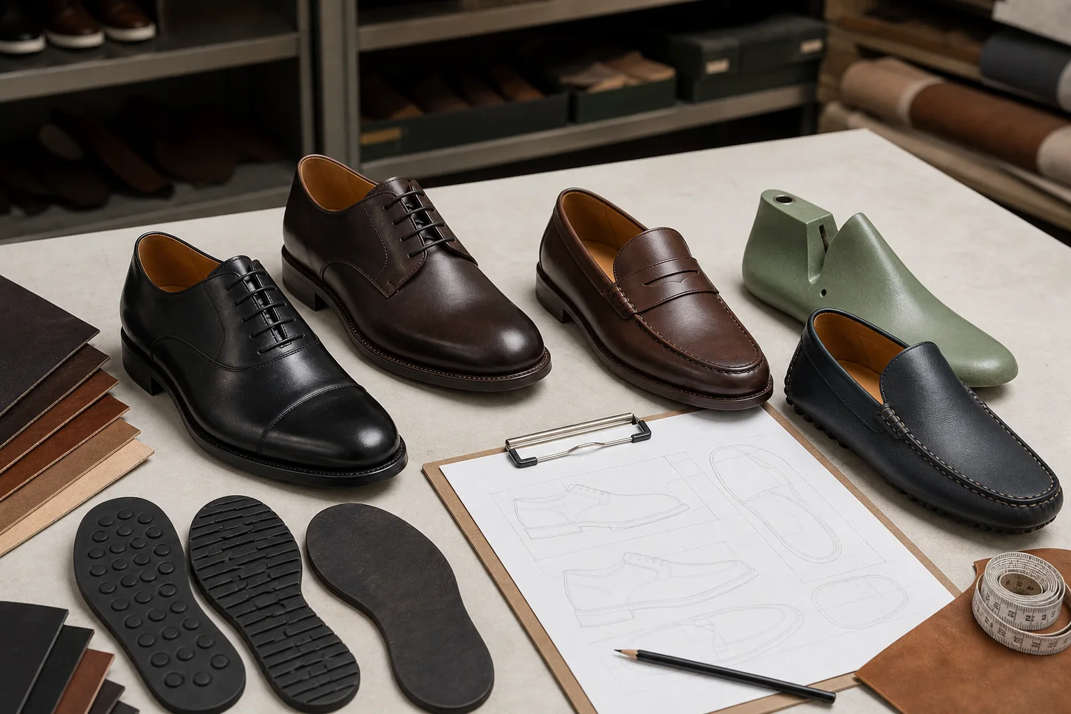 Leather dress shoes and loafers arranged with material swatches and a footwear specification sheet