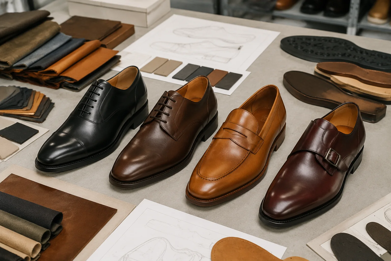 Oxford, derby, loafer and monk-strap leather shoe samples arranged with material swatches and specification sheets
