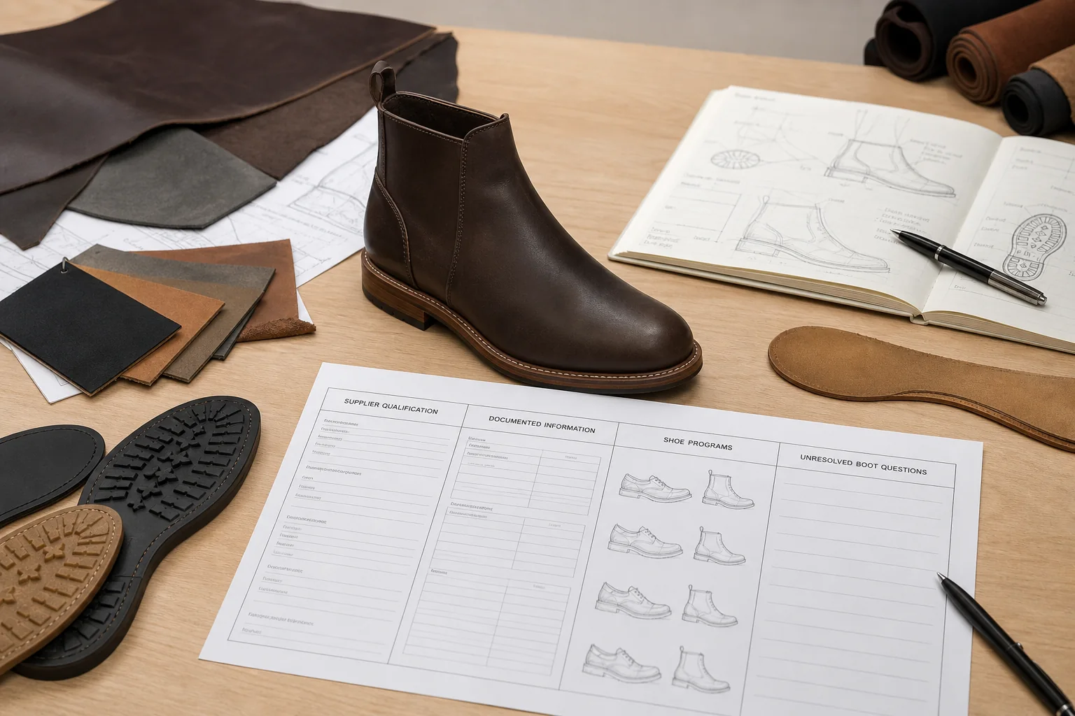 Leather boot reference, material samples, and supplier qualification notes arranged on a product-development desk