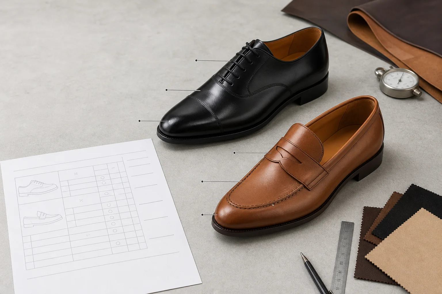 Black cap-toe Oxford and tan penny loafer arranged beside a visible-quality approval matrix