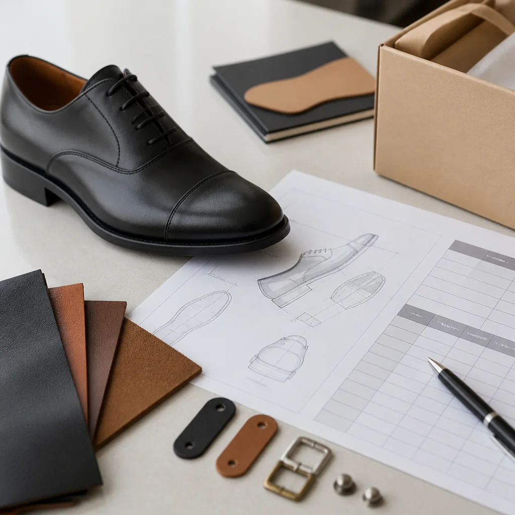 Leather dress shoe, specification sheet, and quotation comparison grid arranged on a procurement desk