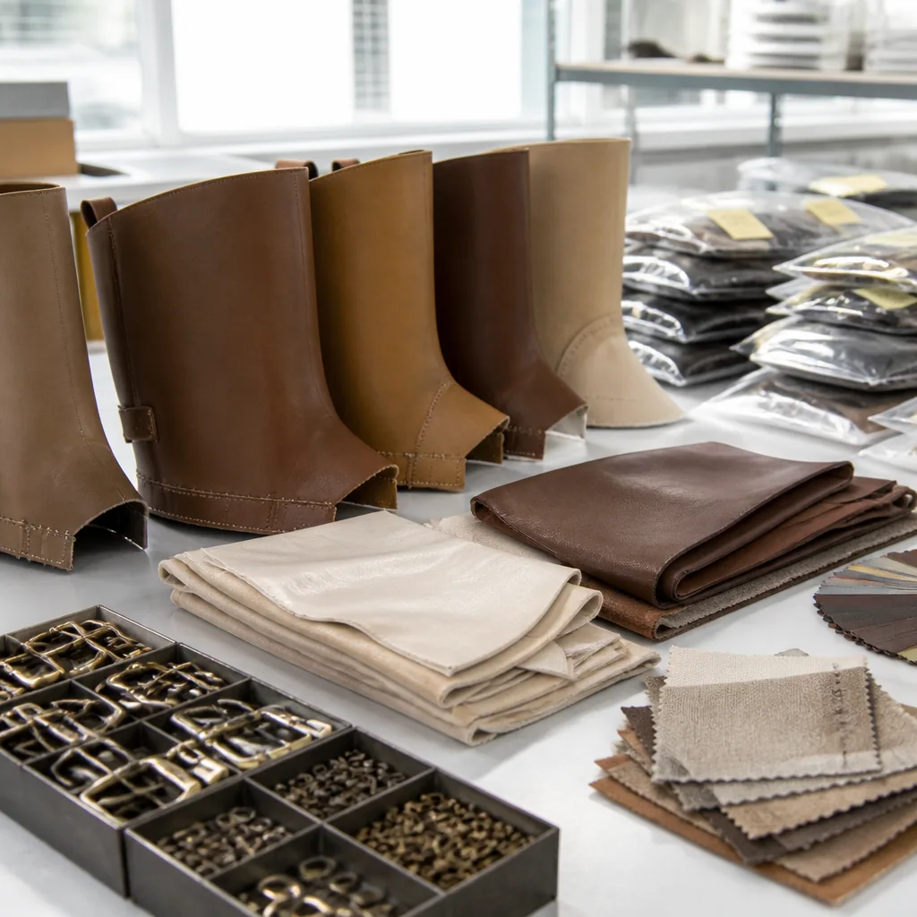 Leather boot upper panels and component lots staged for pre-production material confirmation