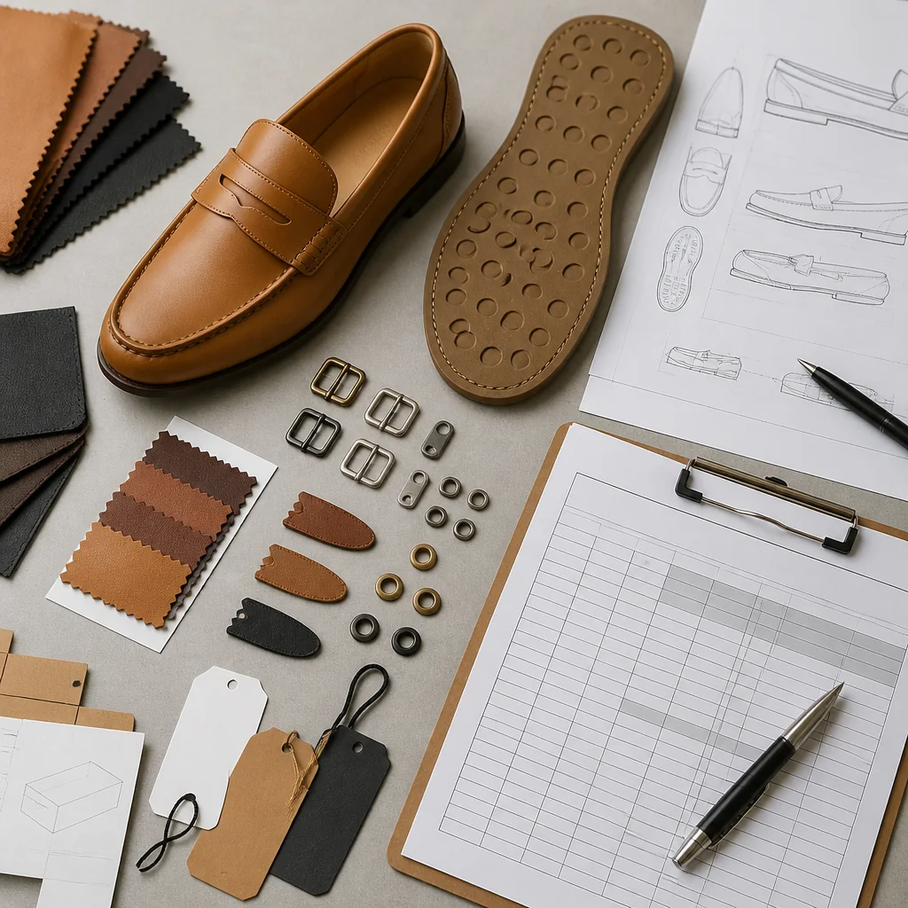 Buyer reviewing a leather loafer quotation ledger beside material, component, and artwork references