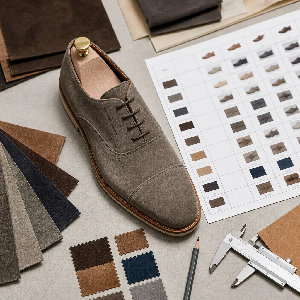 Custom suede shoe sample beside a buyer-owned approval matrix and material references