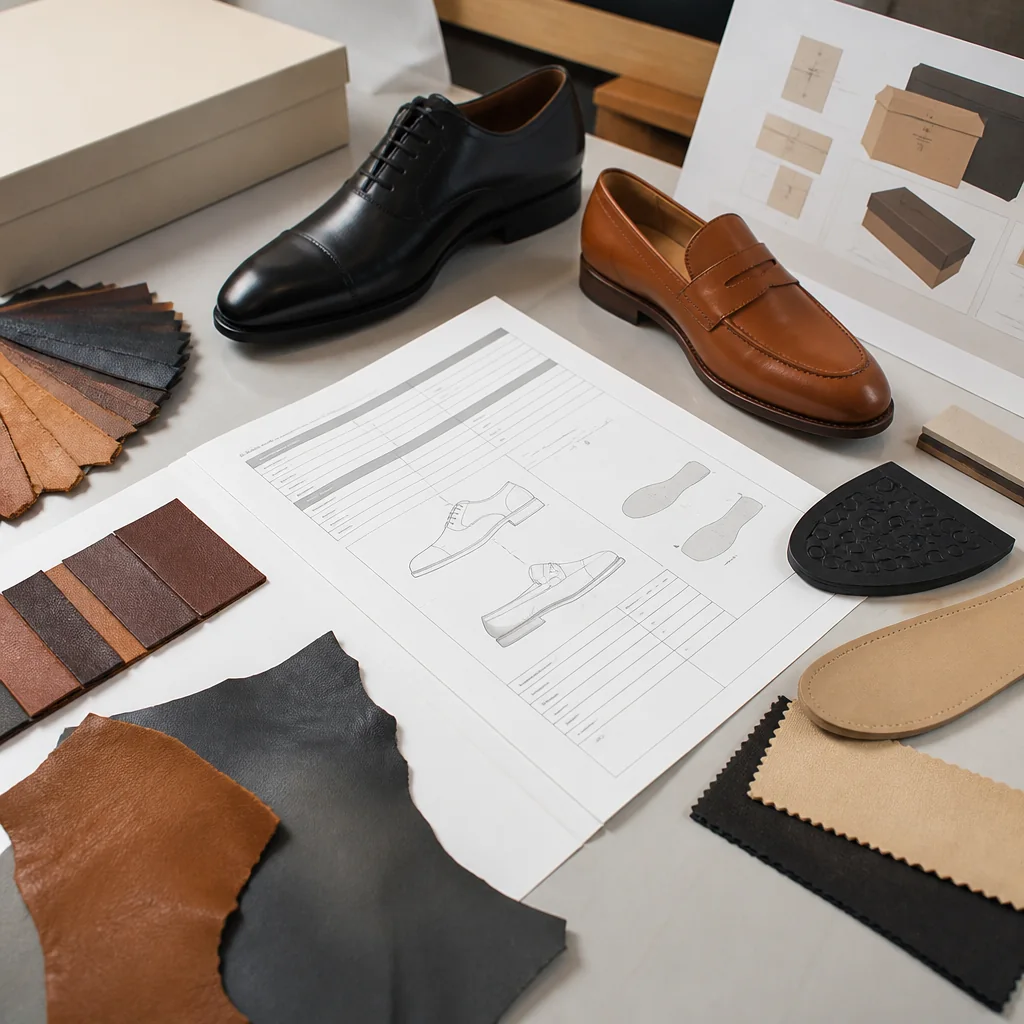 Leather dress shoe, material swatches, component notes, and quotation inquiry documents arranged for product review