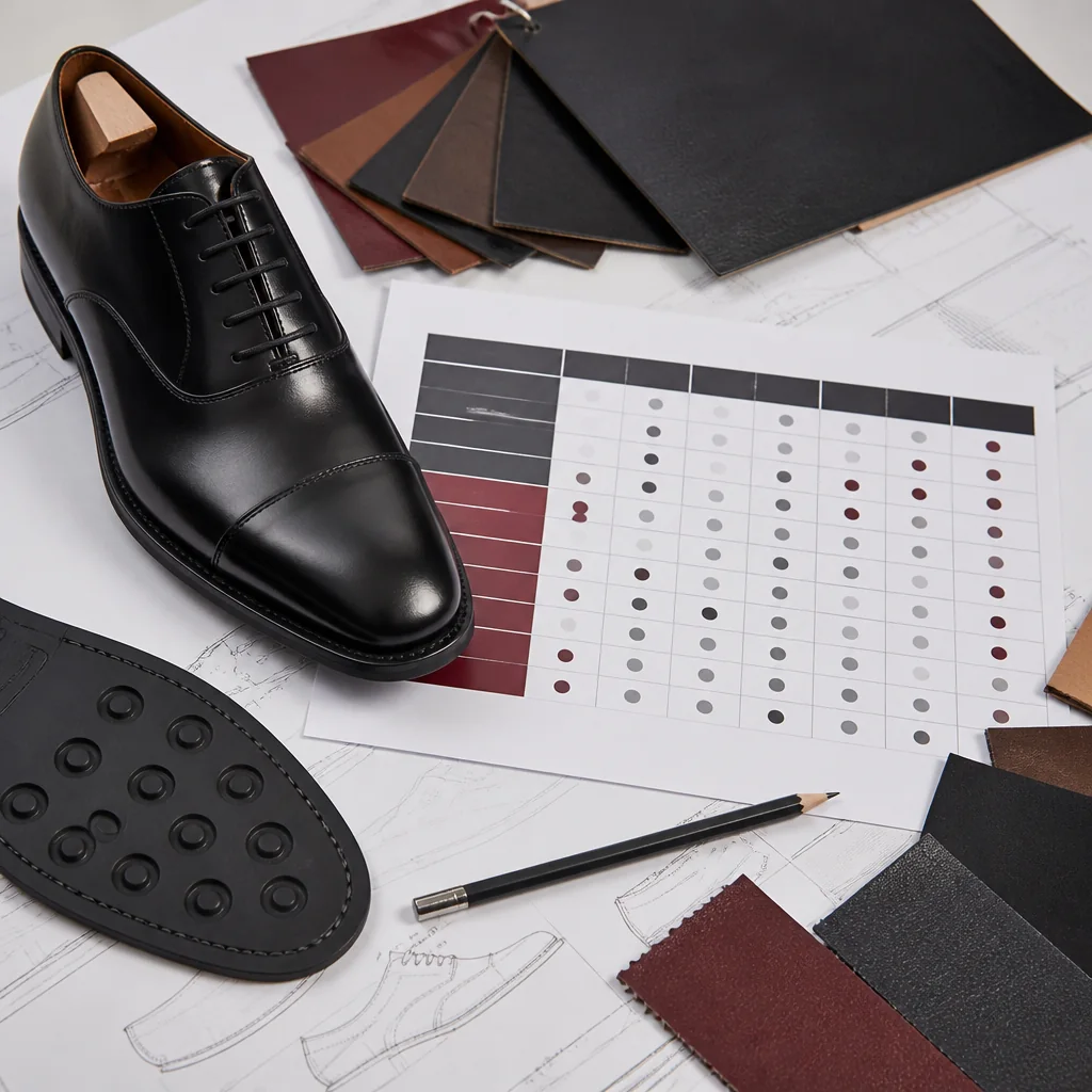 Buyer-held leather shoe OEM decision matrix beside a black cap-toe Oxford and material references