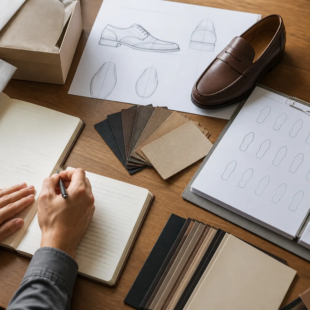 Footwear sourcing materials showing shoe references, leather swatches, size notes, and packaging direction on a procurement desk.
