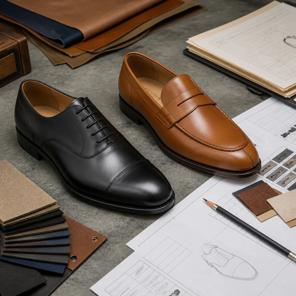 Buyer review sheet beside a cap-toe Oxford and penny loafer sample