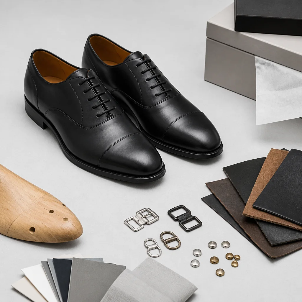 Leather dress shoes next to packaging and branding materials prepared for a supplier brief