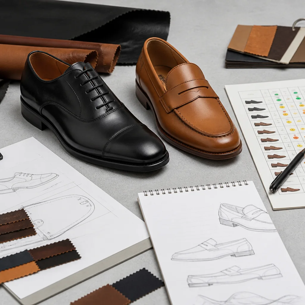 Cap-toe Oxford and penny loafer beside a buyer's sample approval matrix