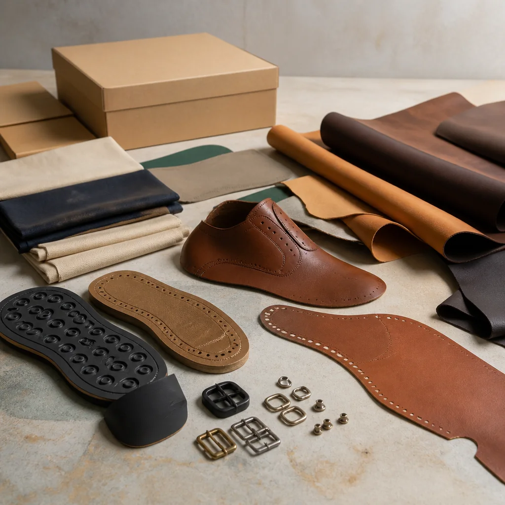 Leather uppers and components staged for identity check before shoe production