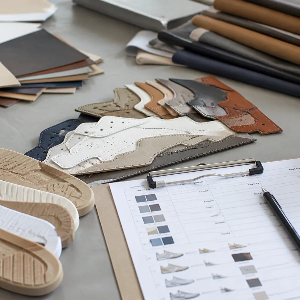 Leather sneakers development materials and commercial brief notes on a worktable