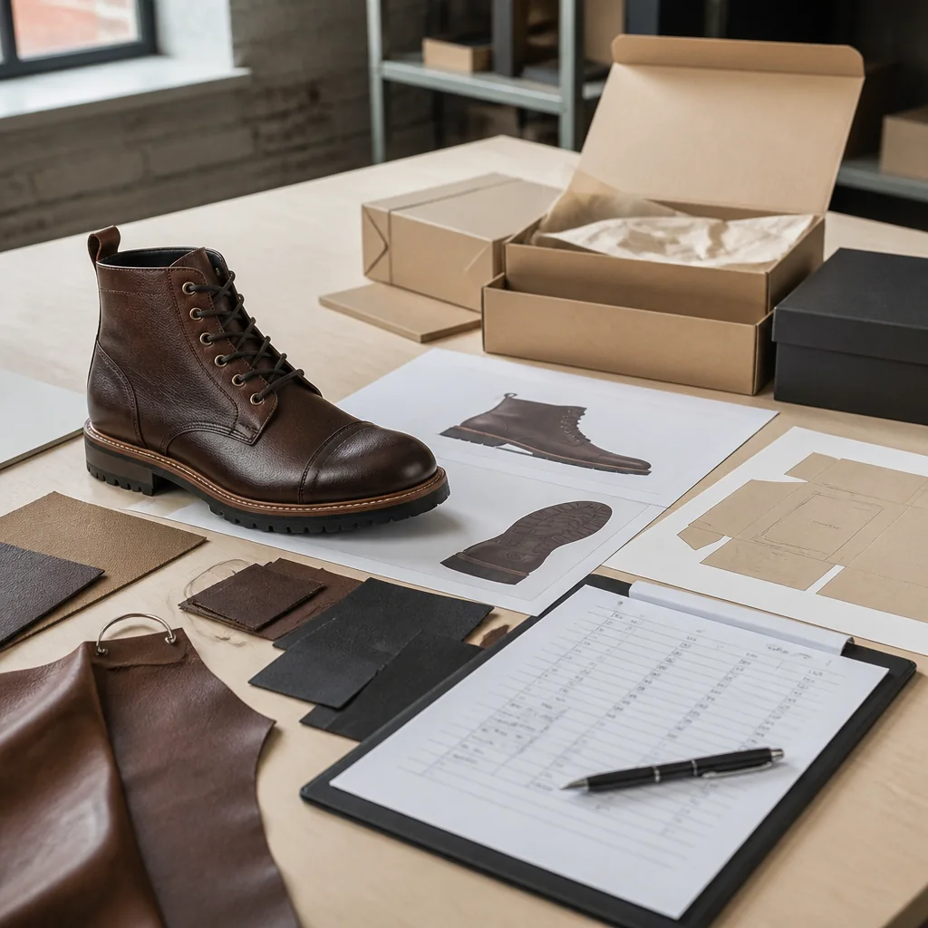 Leather boot specification beside packaging artwork references and a buyer responsibility register