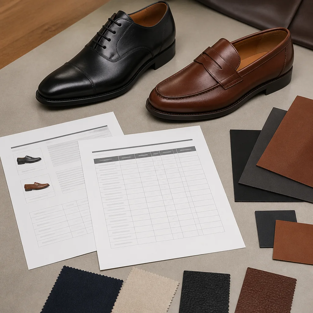 Procurement team comparing private-label leather shoe quotations in a scope-parity matrix