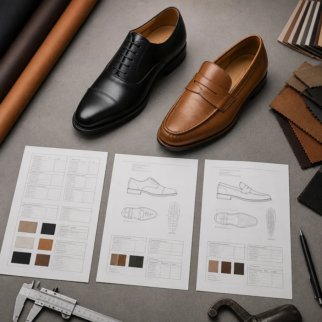 Cap-toe Oxford and penny loafer beside separate collection and style RFQ worksheets
