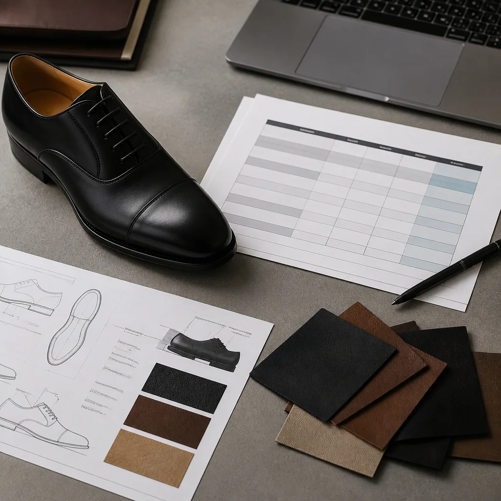 Procurement claim ledger beside a black cap-toe Oxford and footwear specification documents