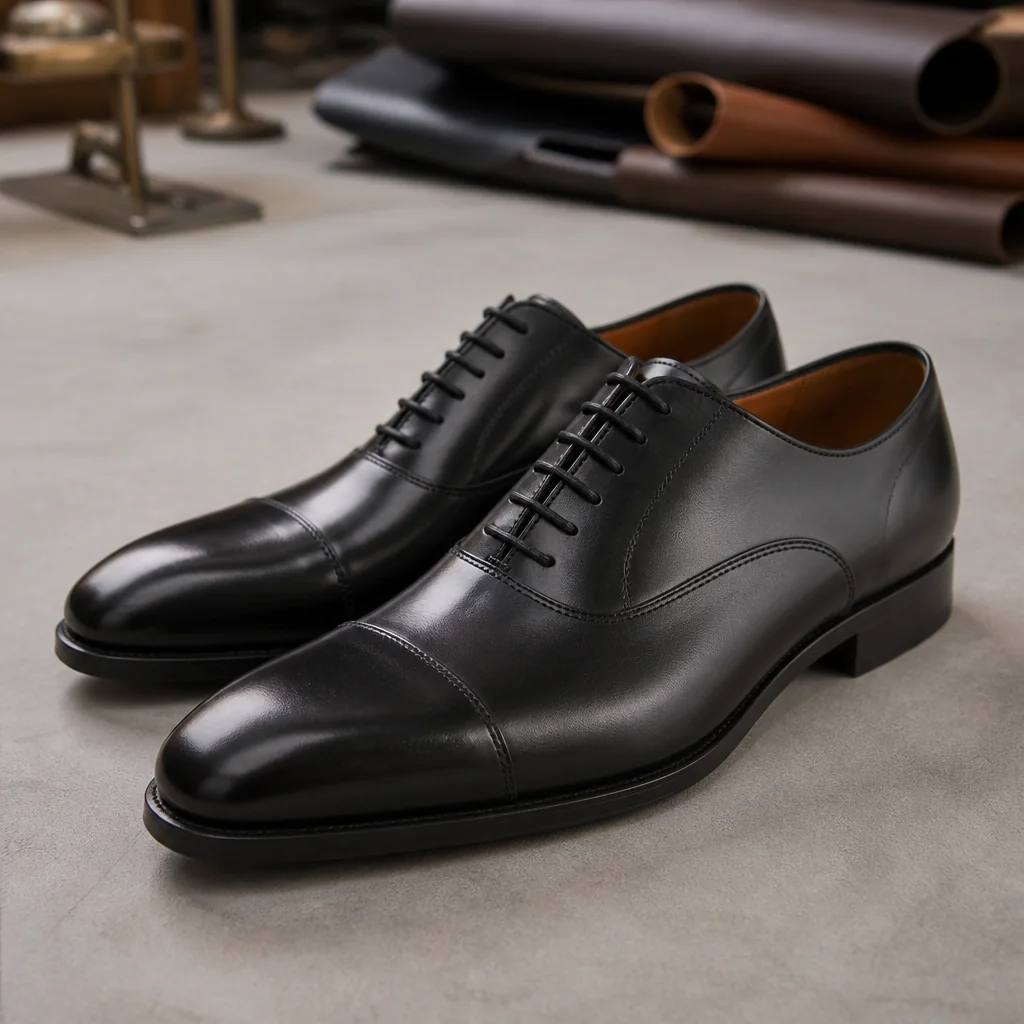 Formal leather Oxford pair used to illustrate buyer freezes and factory proposal scope