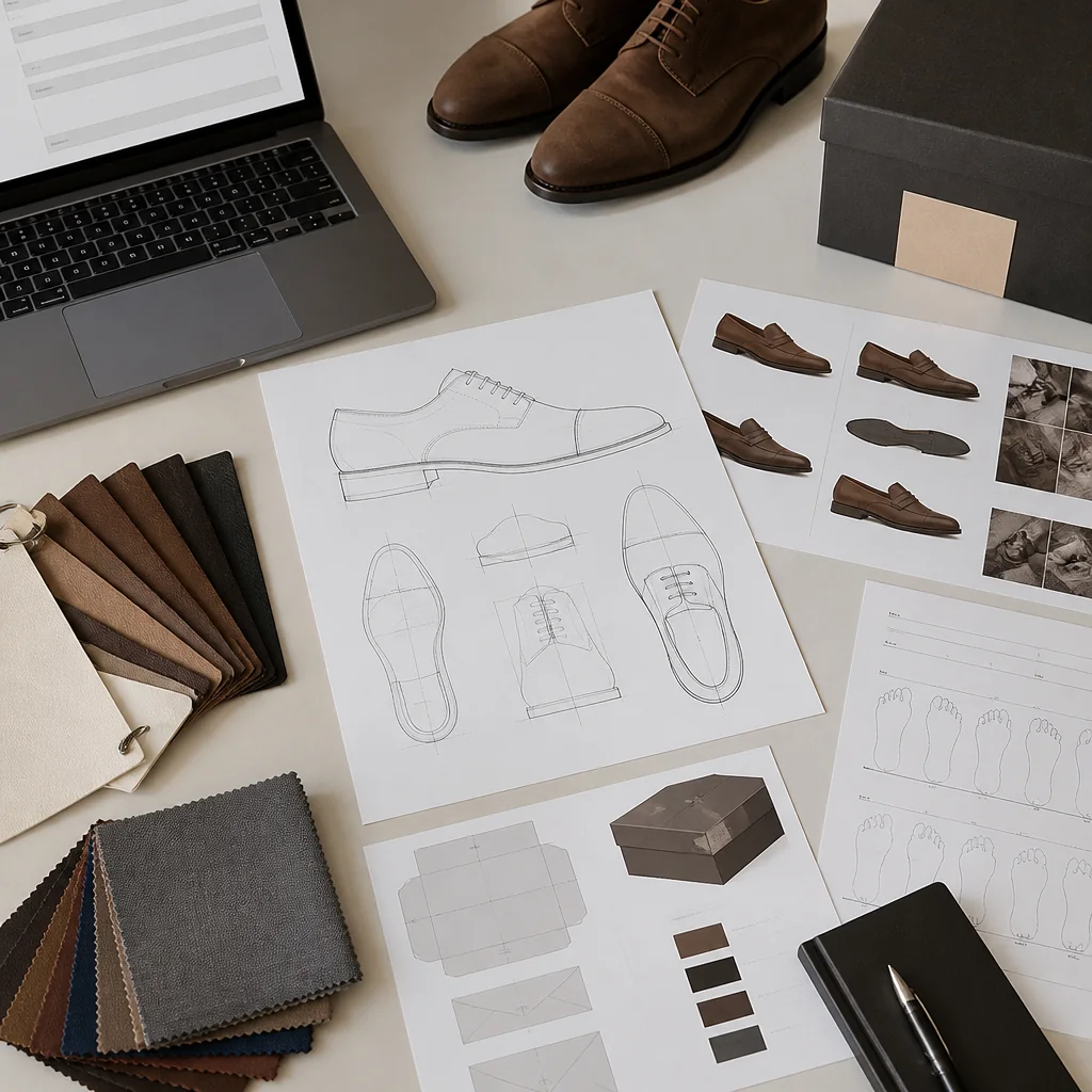 Footwear buyer reviewing a leather shoe project brief with material swatches, style drawings, and packaging references on a desk