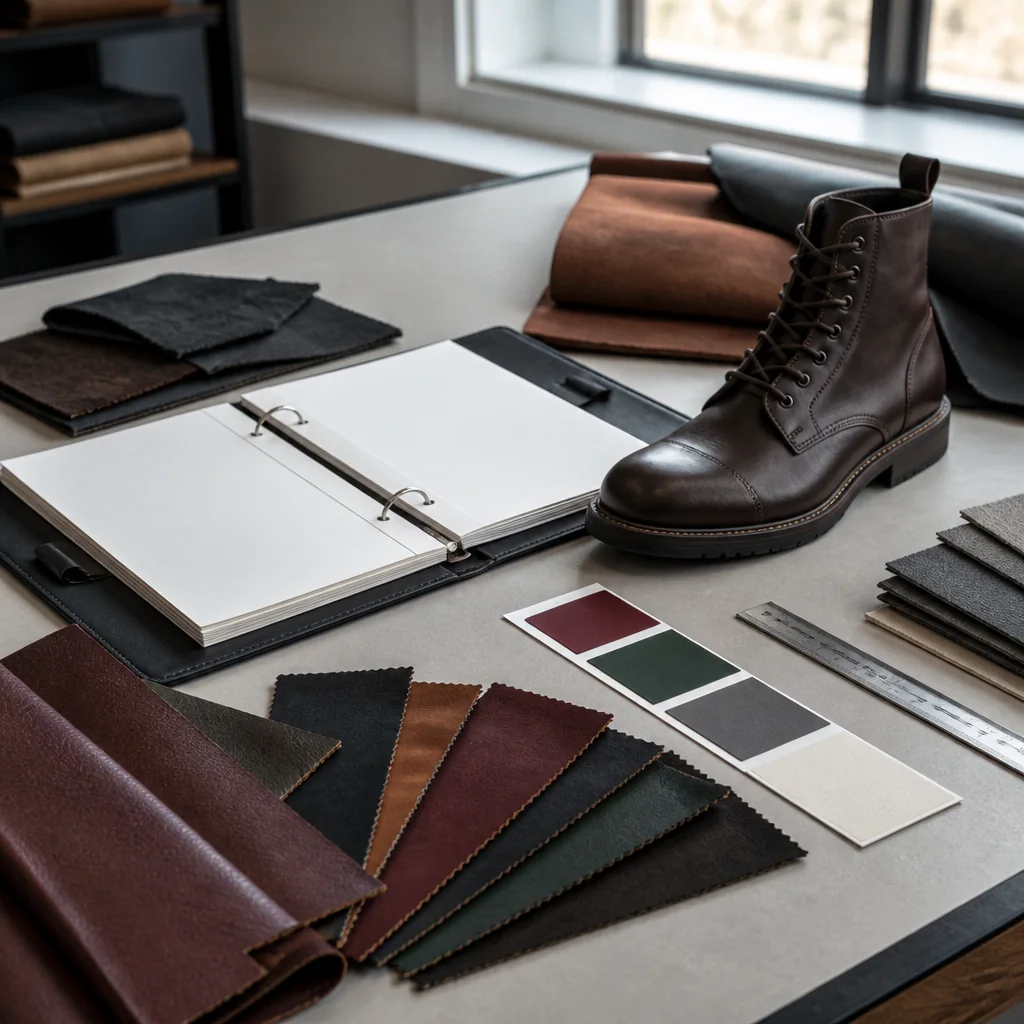 Buyer decision log beside leather swatches and an unbranded boot reference