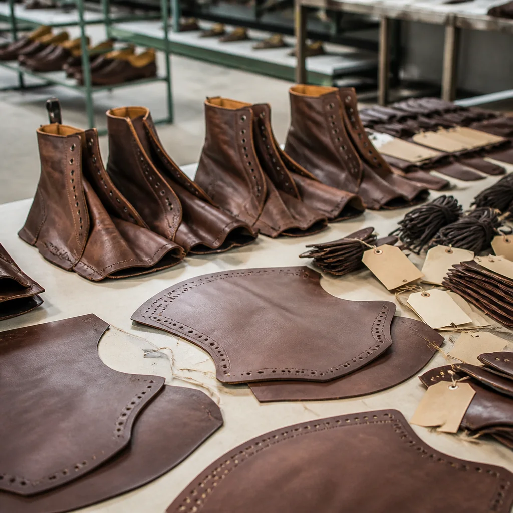 Wholesale leather boots materials staged for lot pairing review