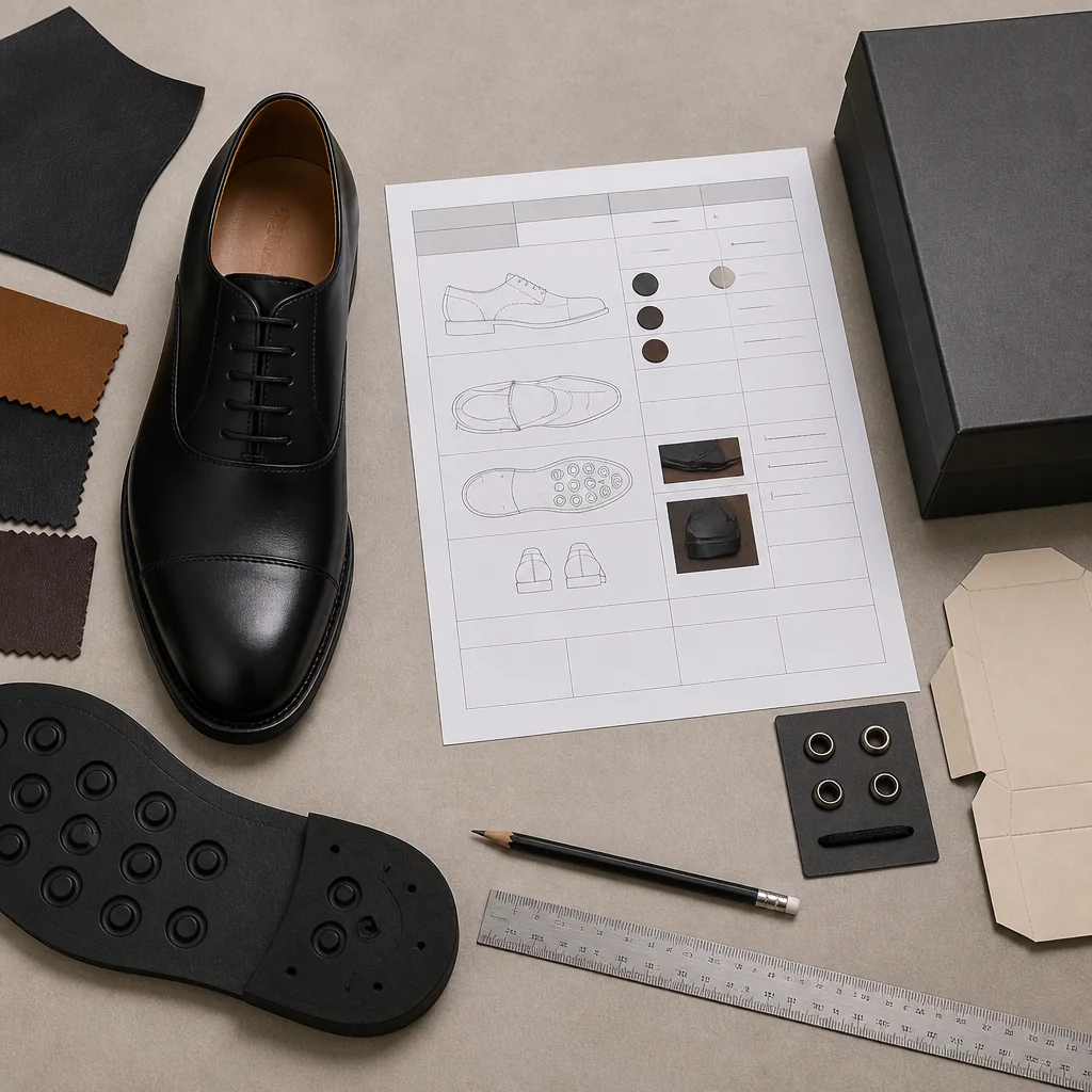 Leather cap-toe Oxford specification sheet marked with a controlled material and component change record
