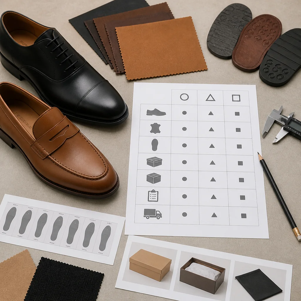 Leather footwear RFQ worksheet organized by fixed, preferred, and open decision states
