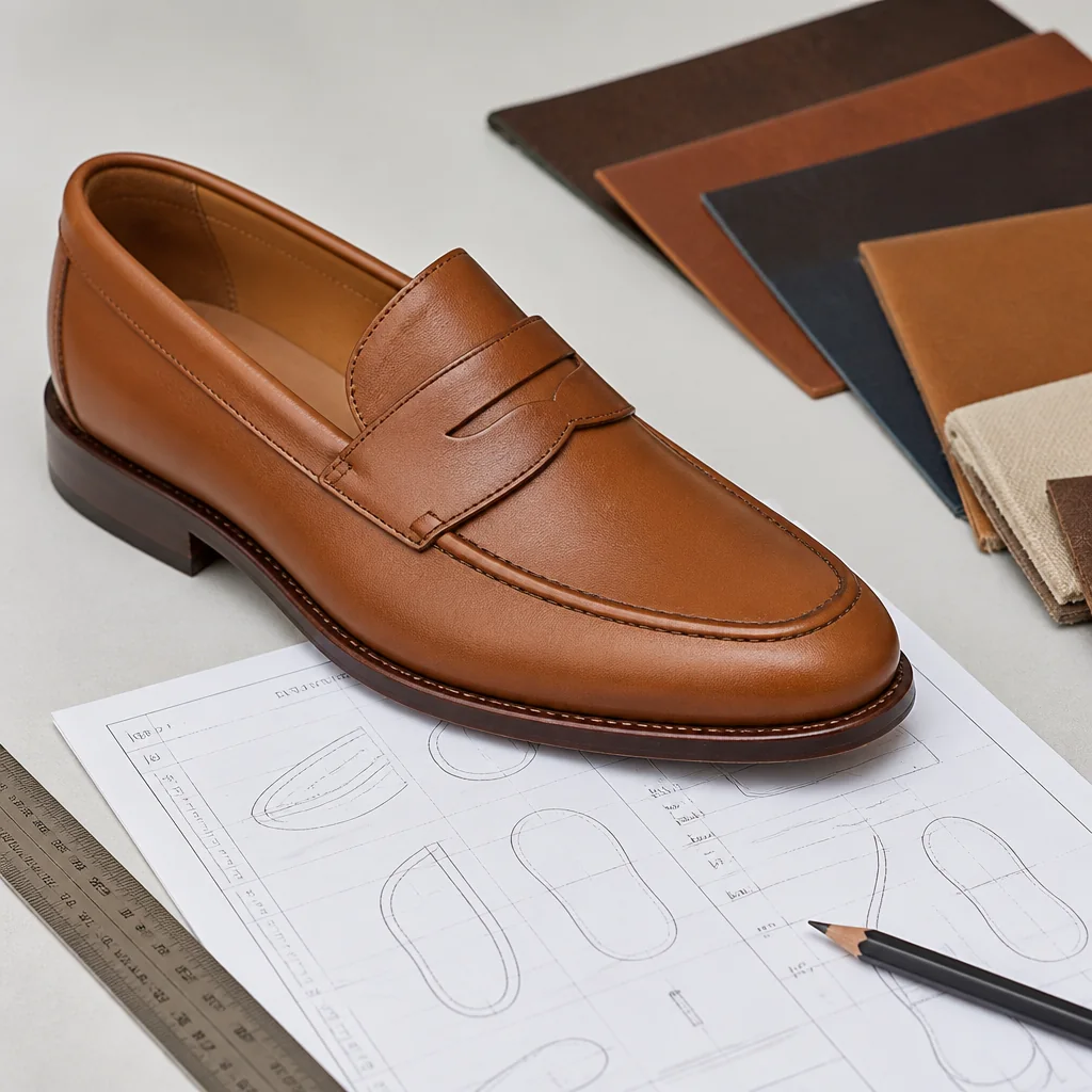 Tan men's penny loafer beside an open product definition register and leather color references