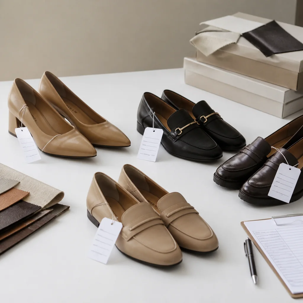 Wholesale women's leather shoes with labeled material and packaging identity tags